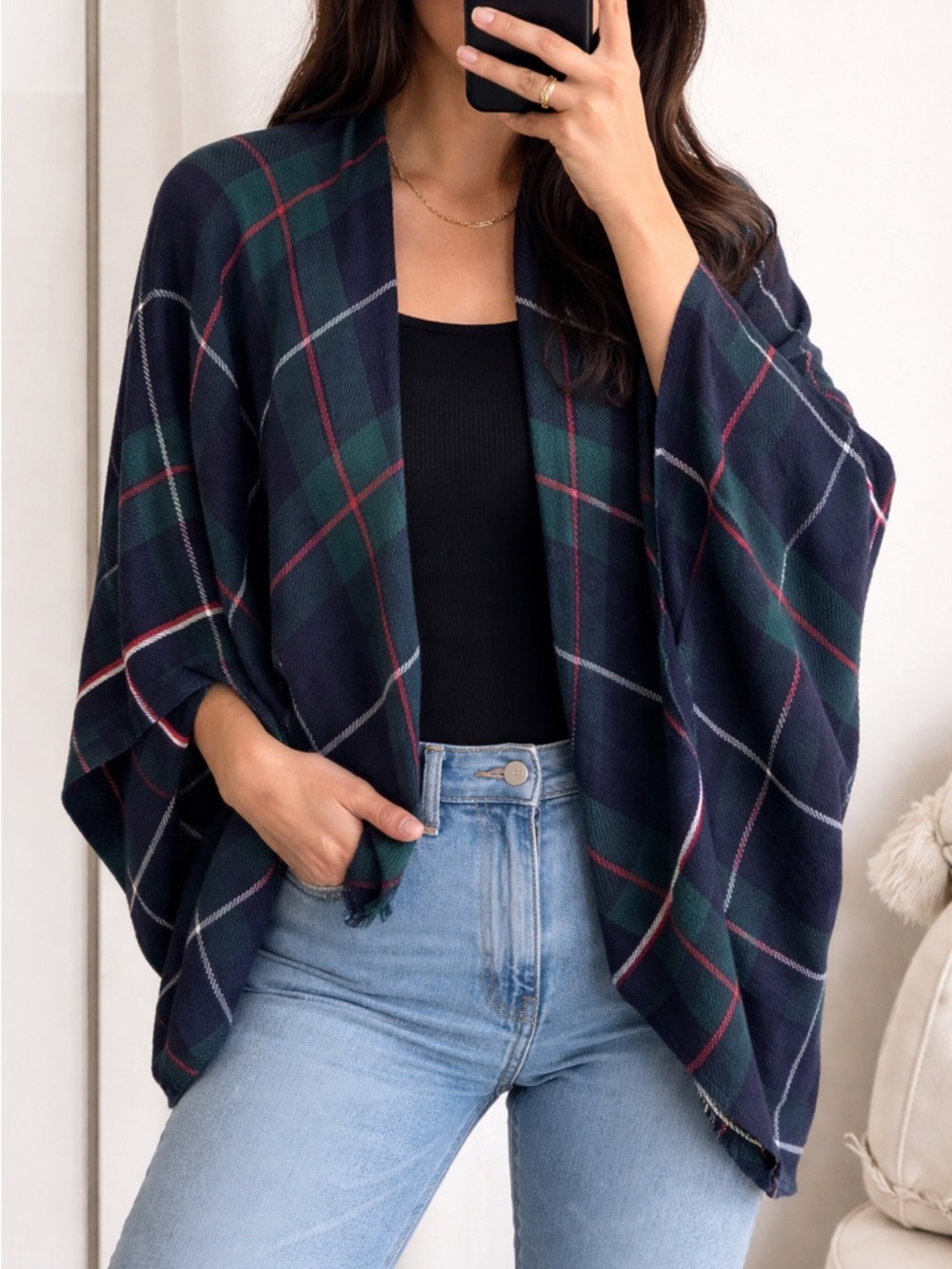 Tommy Hilfiger Navy, Green & Red Plaid Open-Front Poncho